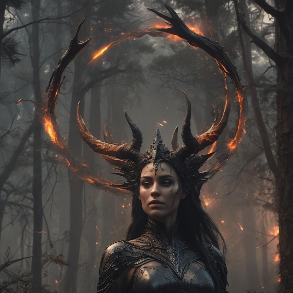 Mystical Woman with Horns and Wings in Dark Forest