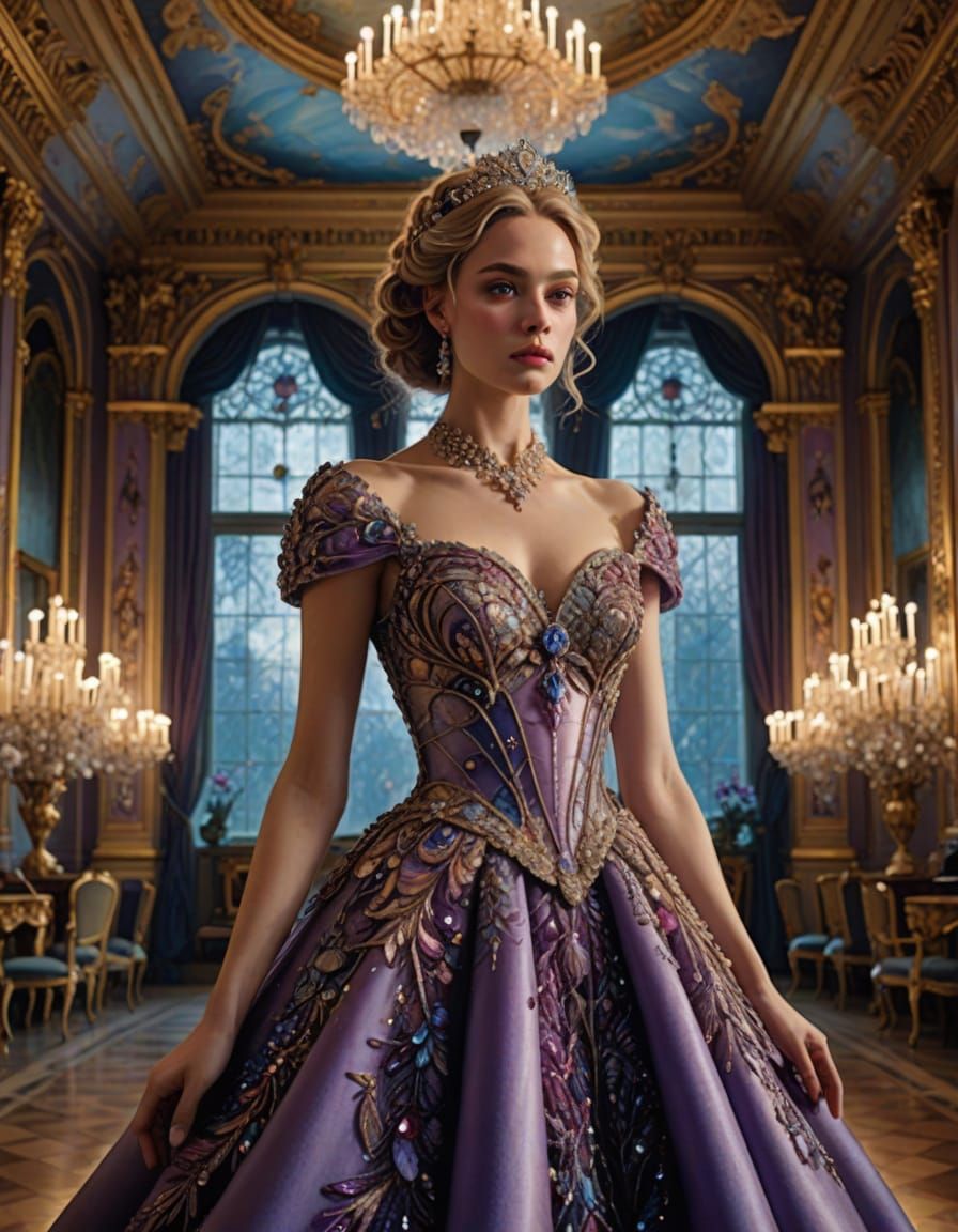 Regal Woman in Opulent Ballroom Surrealist Portrait