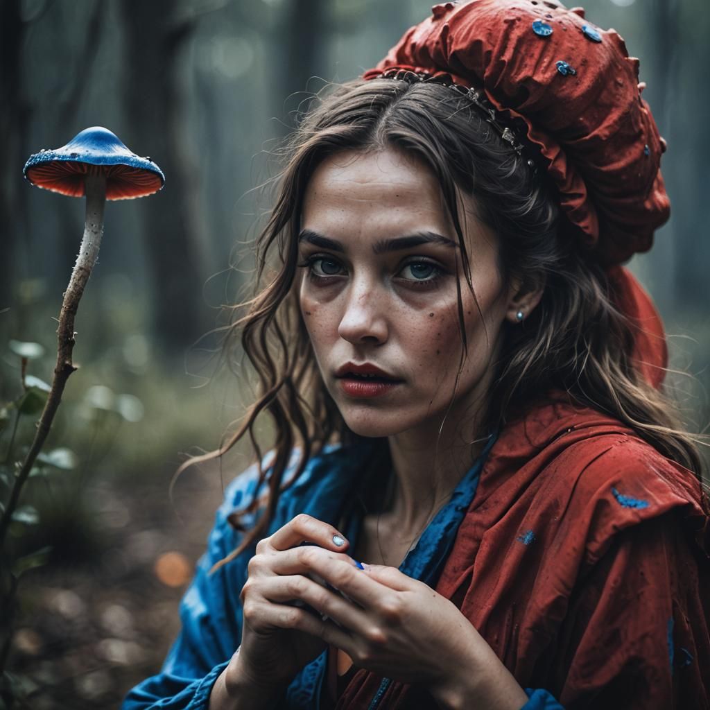 Woman in Red Dress Dancing with Mushroom