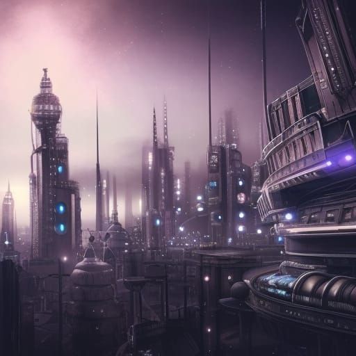 Steampunk Alien City Nightlife: Hyperrealistic Digital Art