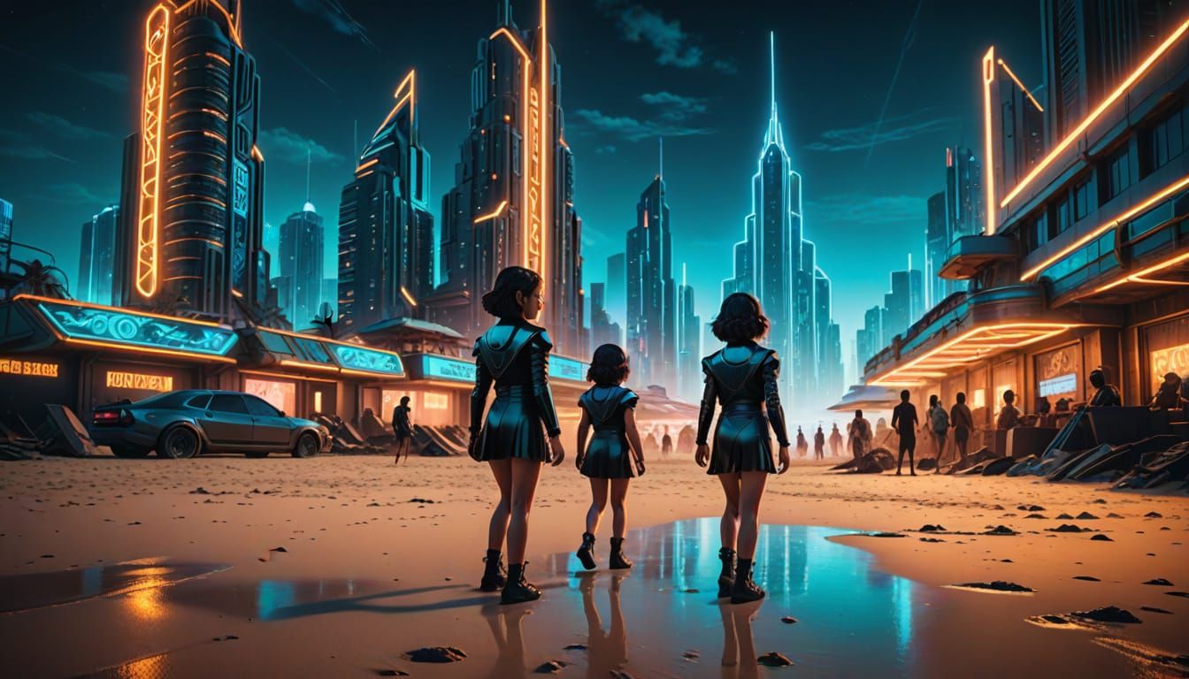 Cyberpunk Art Deco Beach Scene with Children