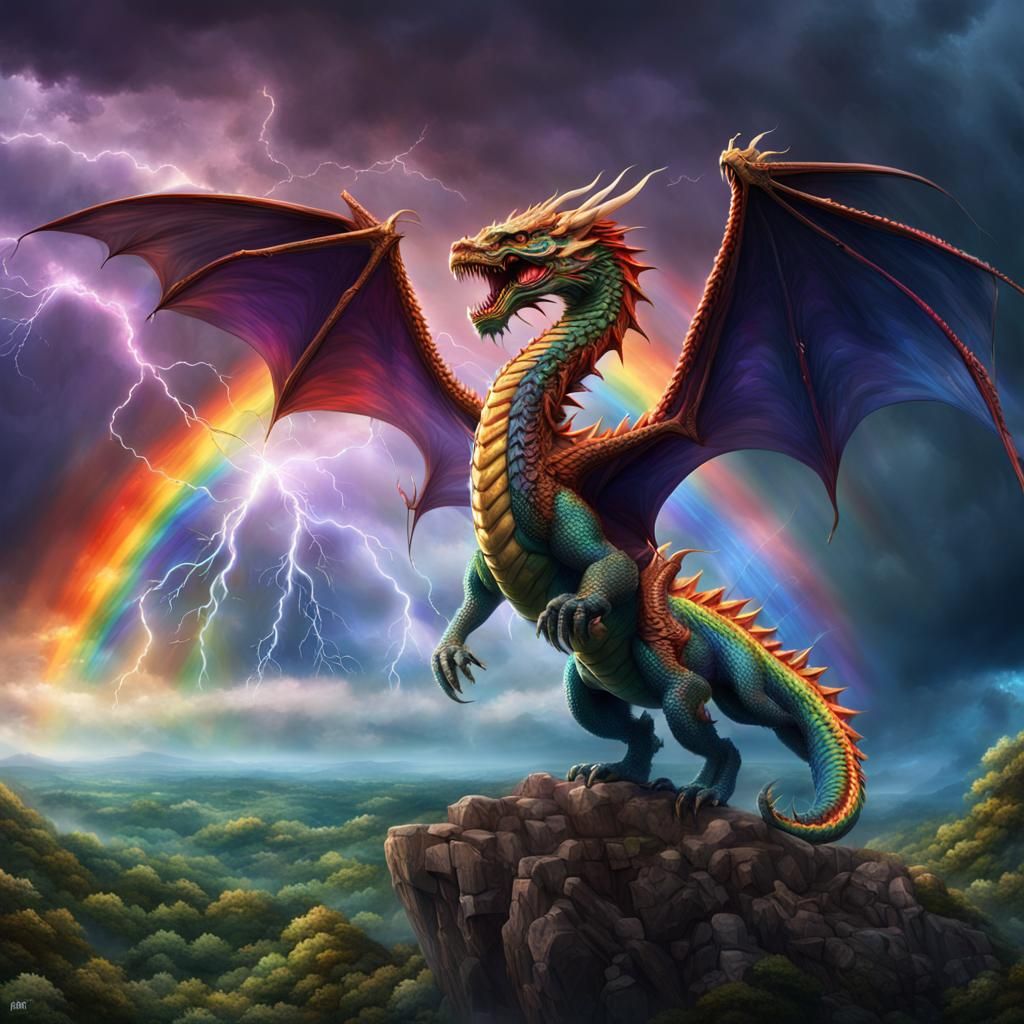 Rainbow Dragon in Lightning Storm: Digital Matte Painting