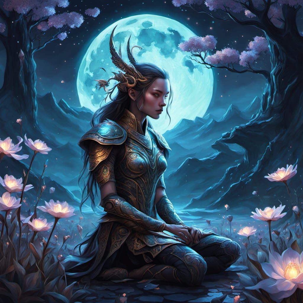 Fae Warrior in Moonlit Alien Blossom Field