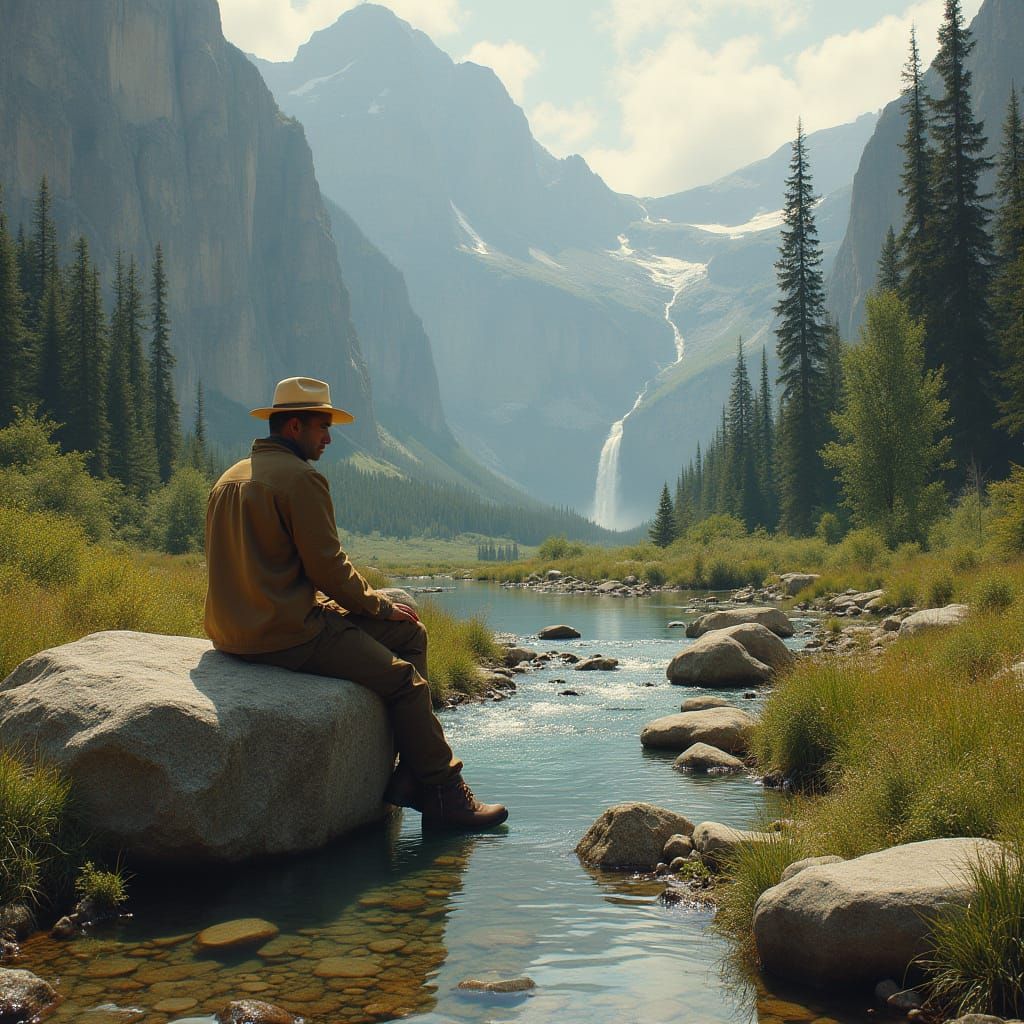 Serene Mountain Stream Landscape in Earthy Tones