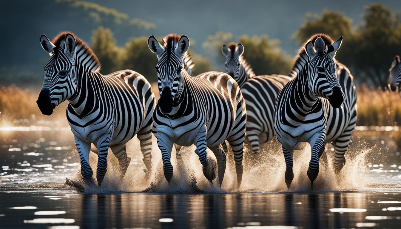 Zebras in Lake: Hyperrealistic Cinematic Photography
