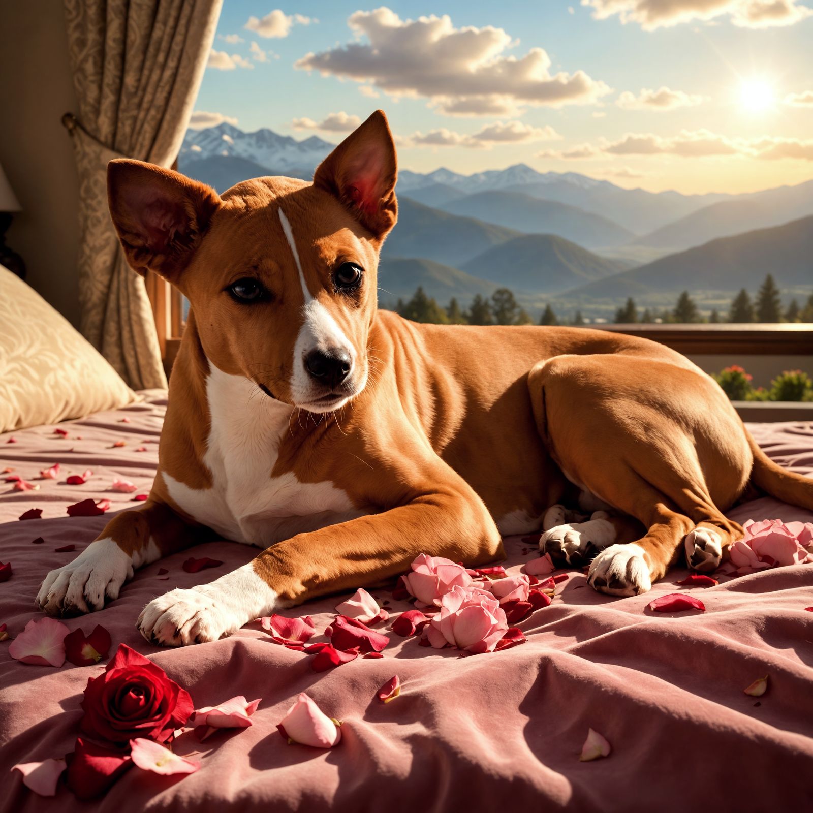 Surrealistic Puppy Portrait in Luxurious Velvet Amidst Golde...