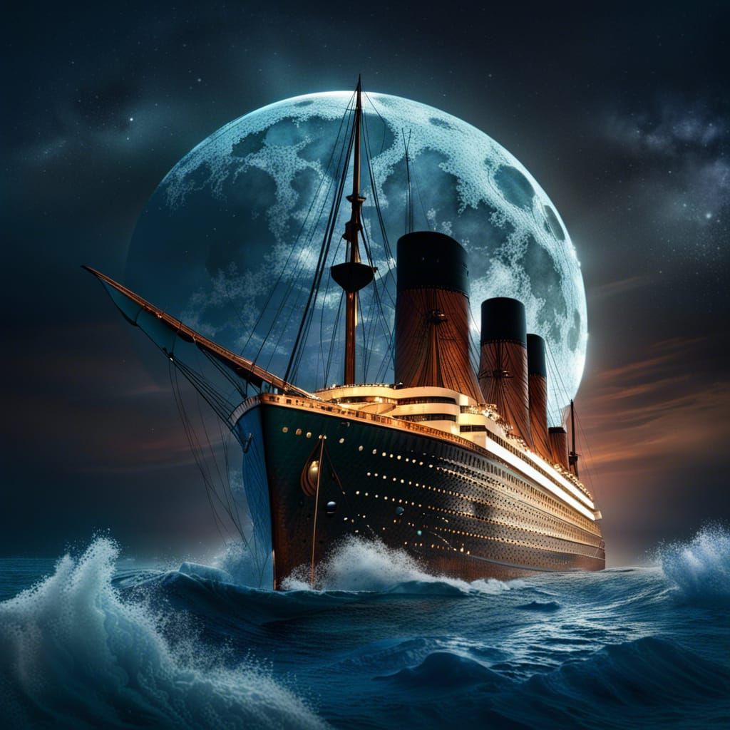 Photorealistic Titanic Sails Under Full Moon