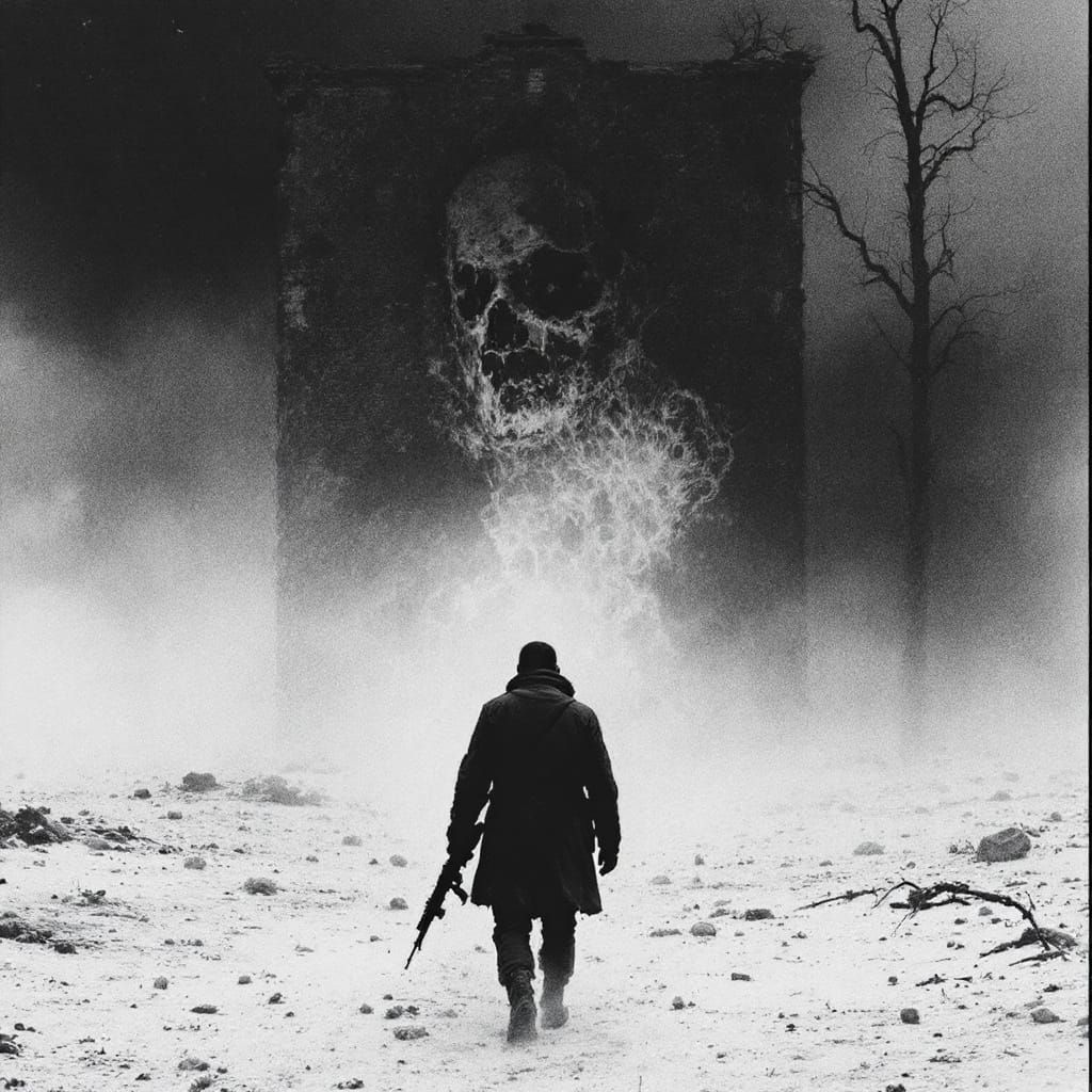 A Soldier Walks Through Devastated Lands