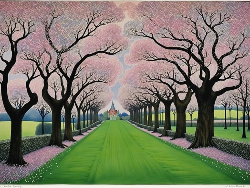 Surreal Cherry Blossom Avenue in Enchanted Landscape