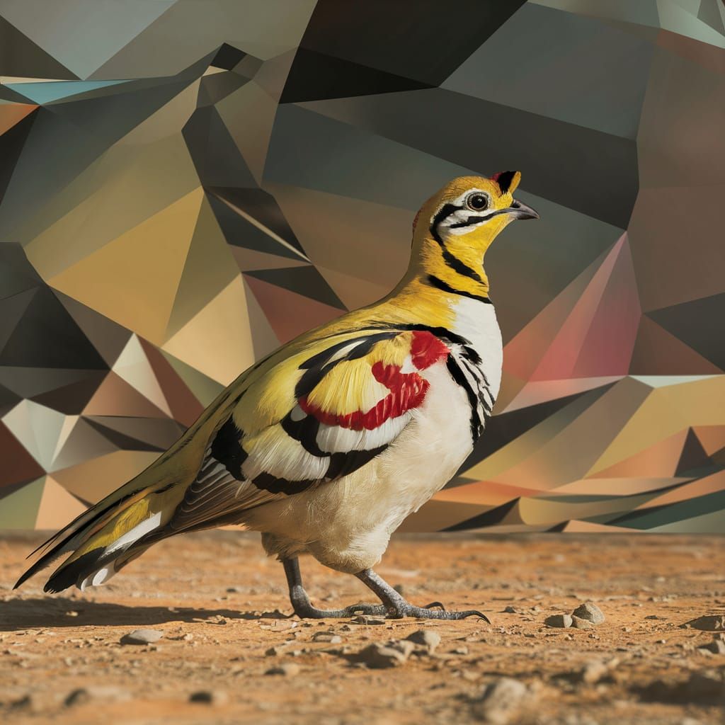 Vibrant Cubist Pin-tailed Sandgrouse in Abstract Landscape