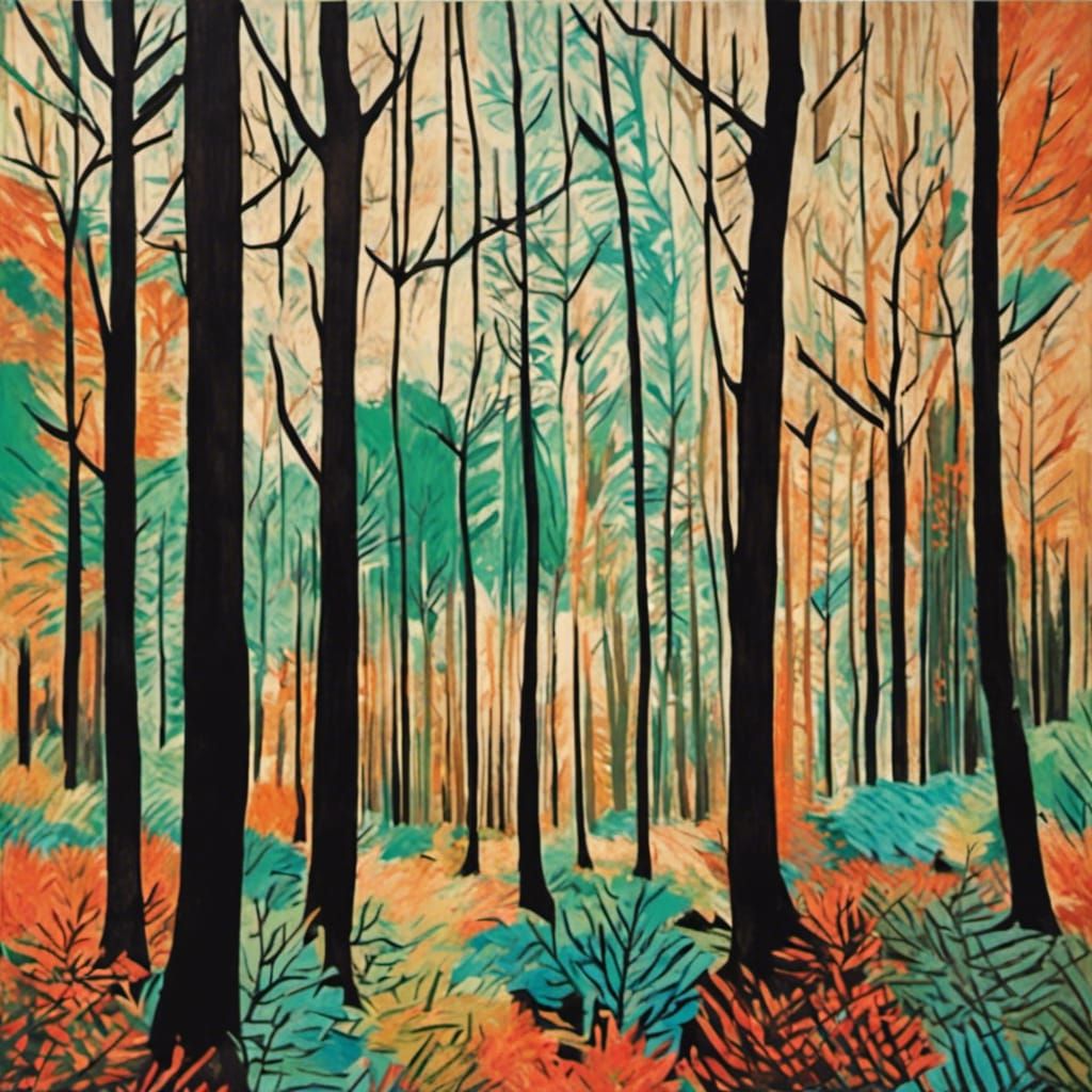 Forest in Woodcut Print Style of Hockney