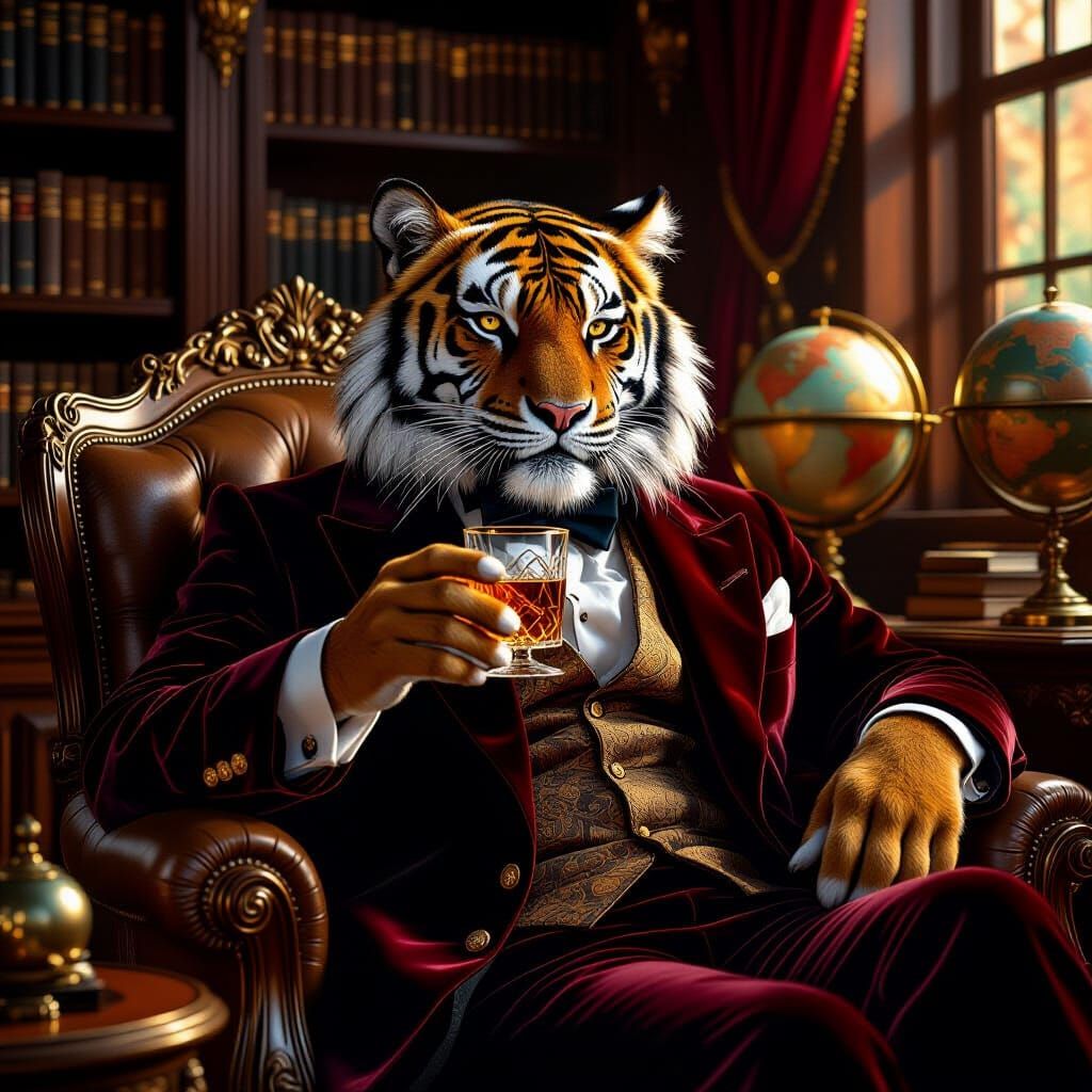 Elderly Tiger Sipping Brandy in Library, Hyperrealistic Styl...
