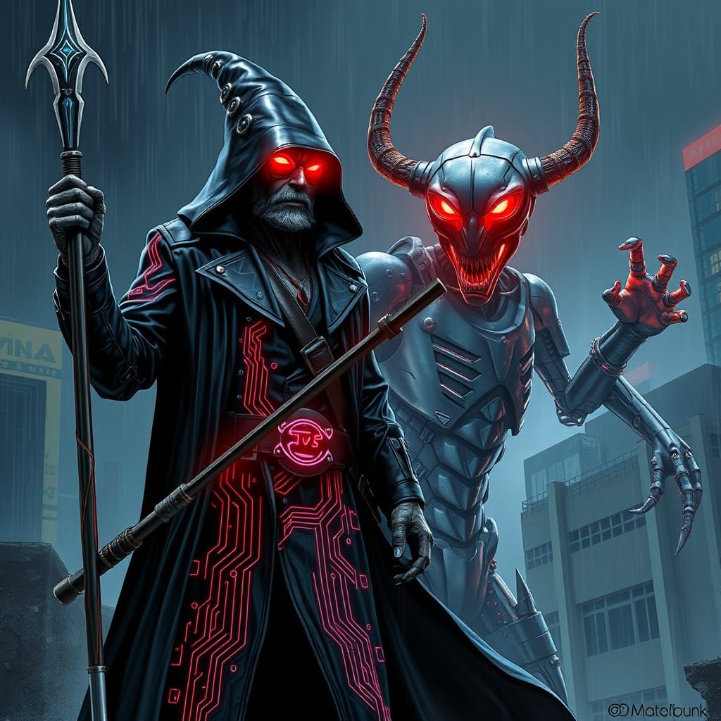 Cyberpunk Wizard and Robotic Demon in Neon Cityscape