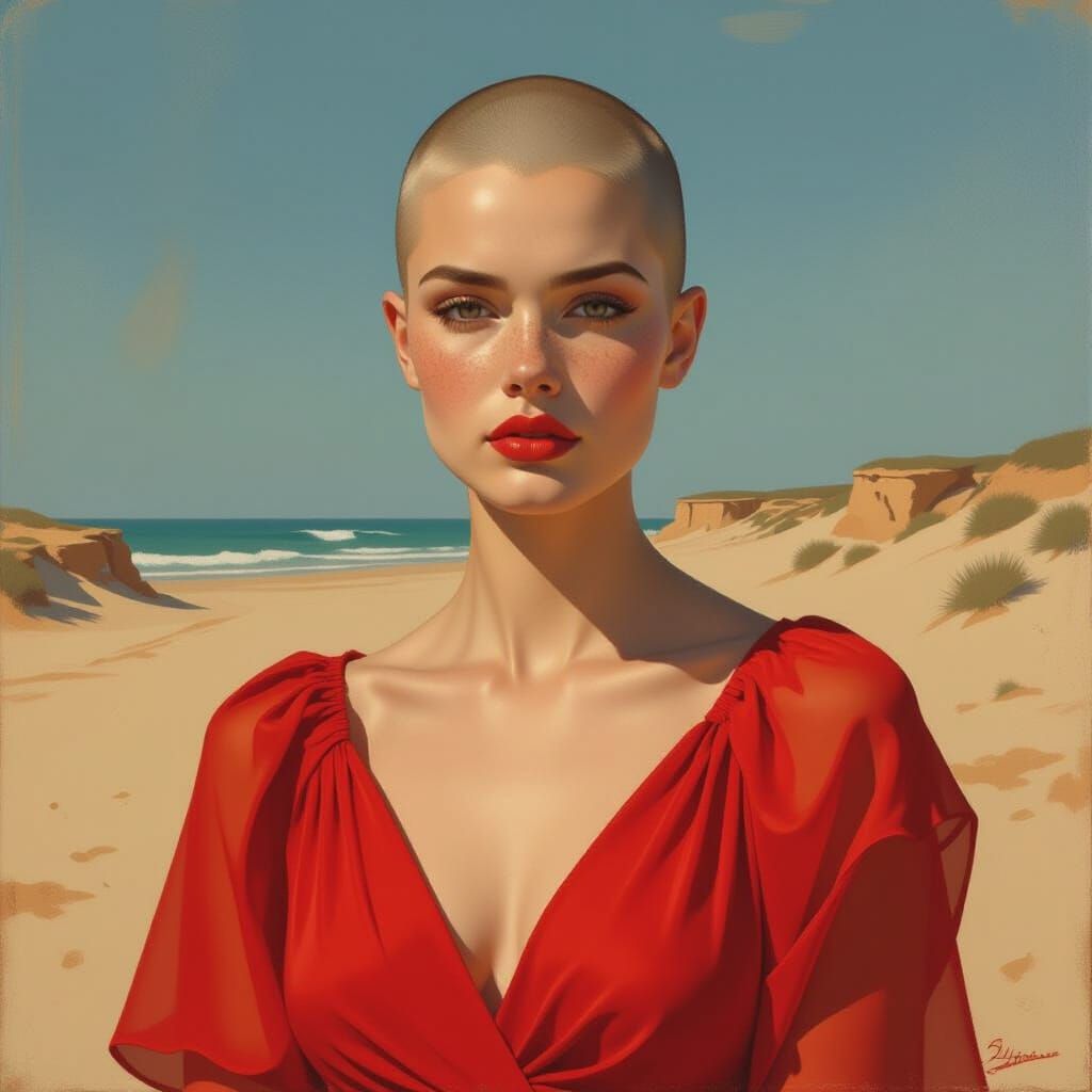 Oil Painting of Bald Irish Woman in Red Dress