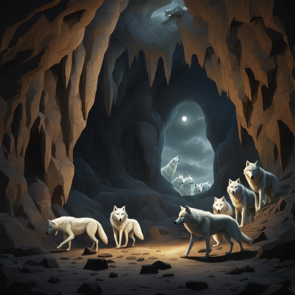 Menacing White Wolves Encircling in Moonlit Cave