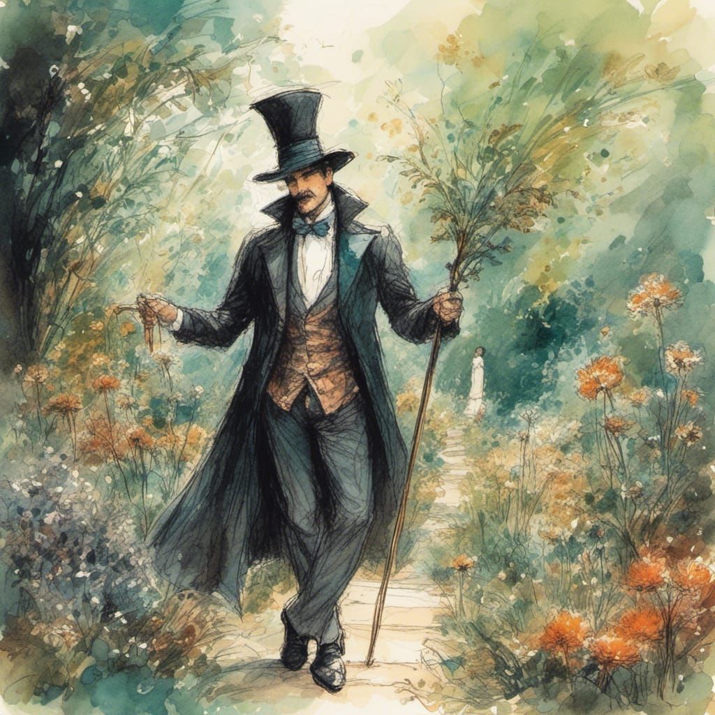 Fantasy Magician in Enchanted Garden Illustration