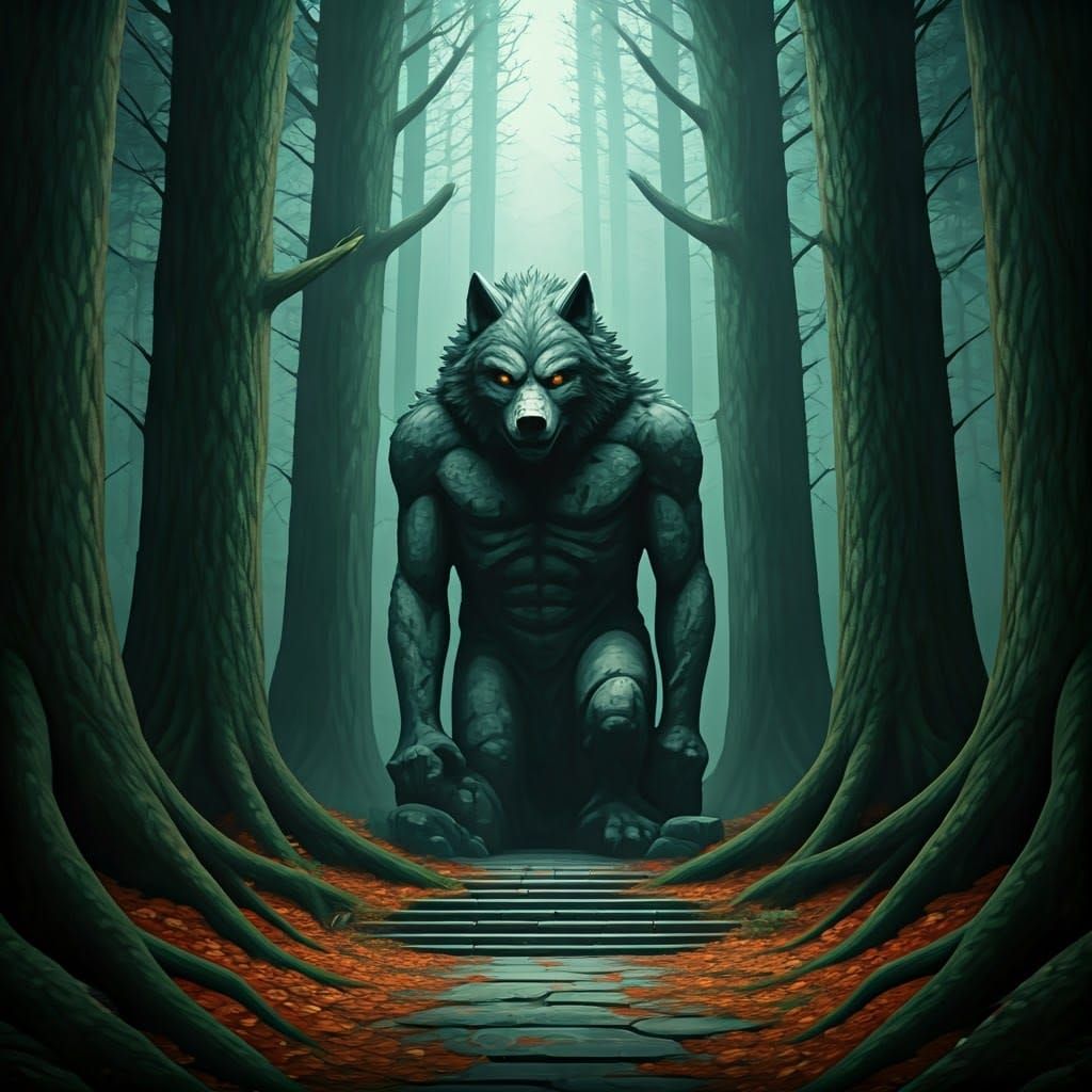 Menacing Werewolf Statue Guards Ancient Forest Entrance