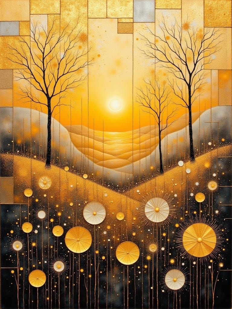 Geometric Sunset Landscape in Golden Hues