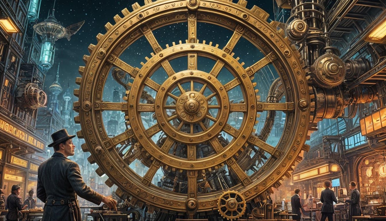 Steampunk Inventor and Time Machine in Laboratory