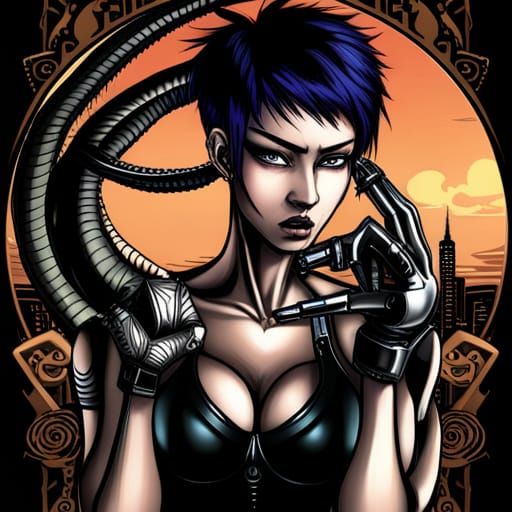 Steampunk Cyborg Girl with Dragon Tattoo
