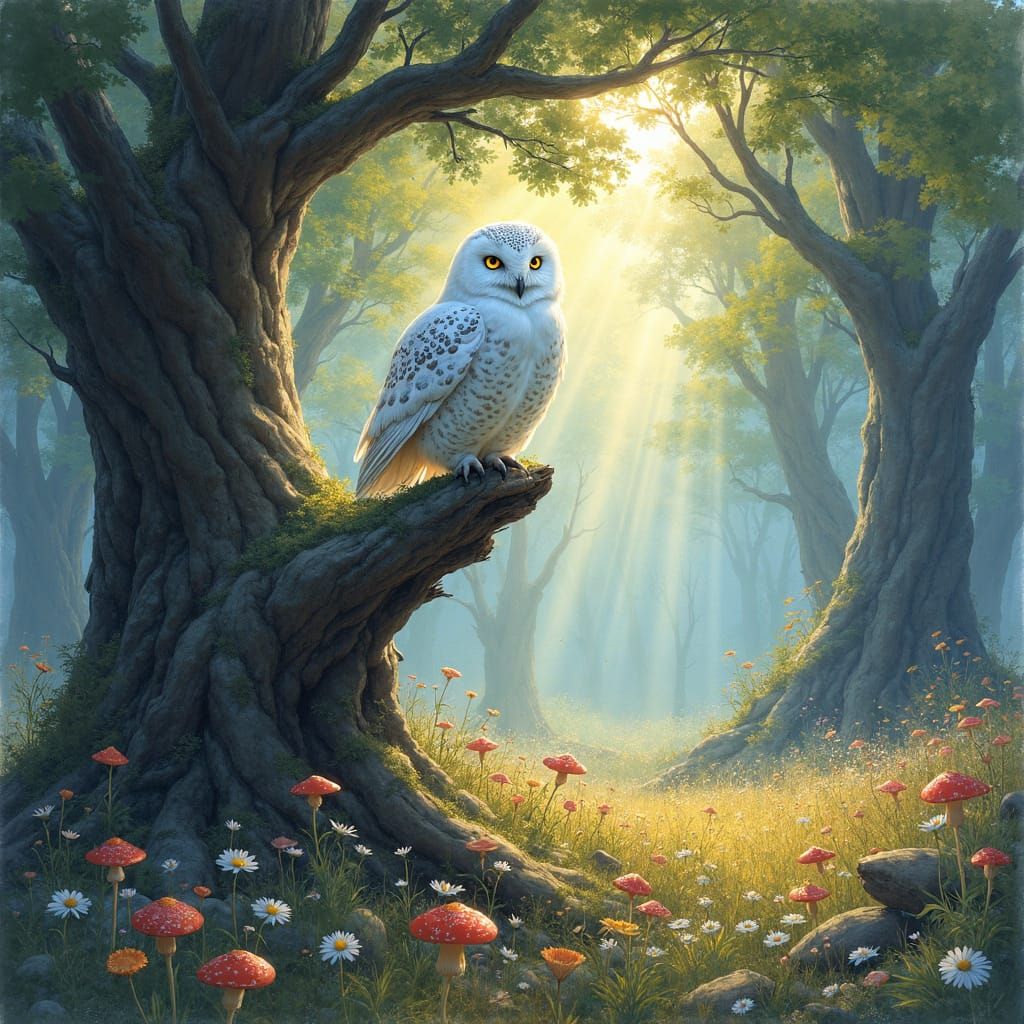 Majestic Snowy Owl in Enchanted Forest Watercolor