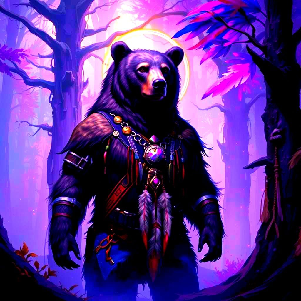 Surreal Native American Warrior with Bear Traits in Vibrant....