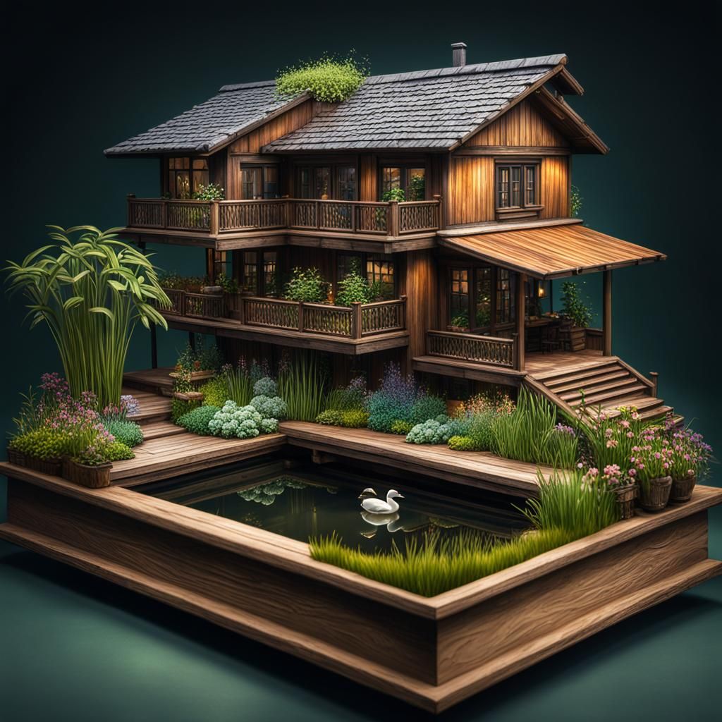 Hyperrealistic Wooden Home with Garden and Duck Pond