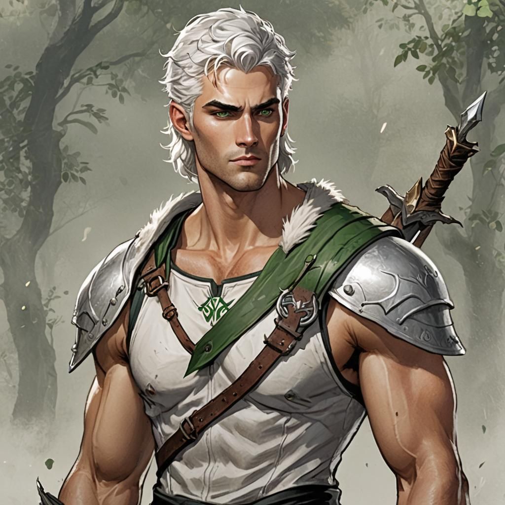 Fae Warrior with White Hair and Green Eyes
