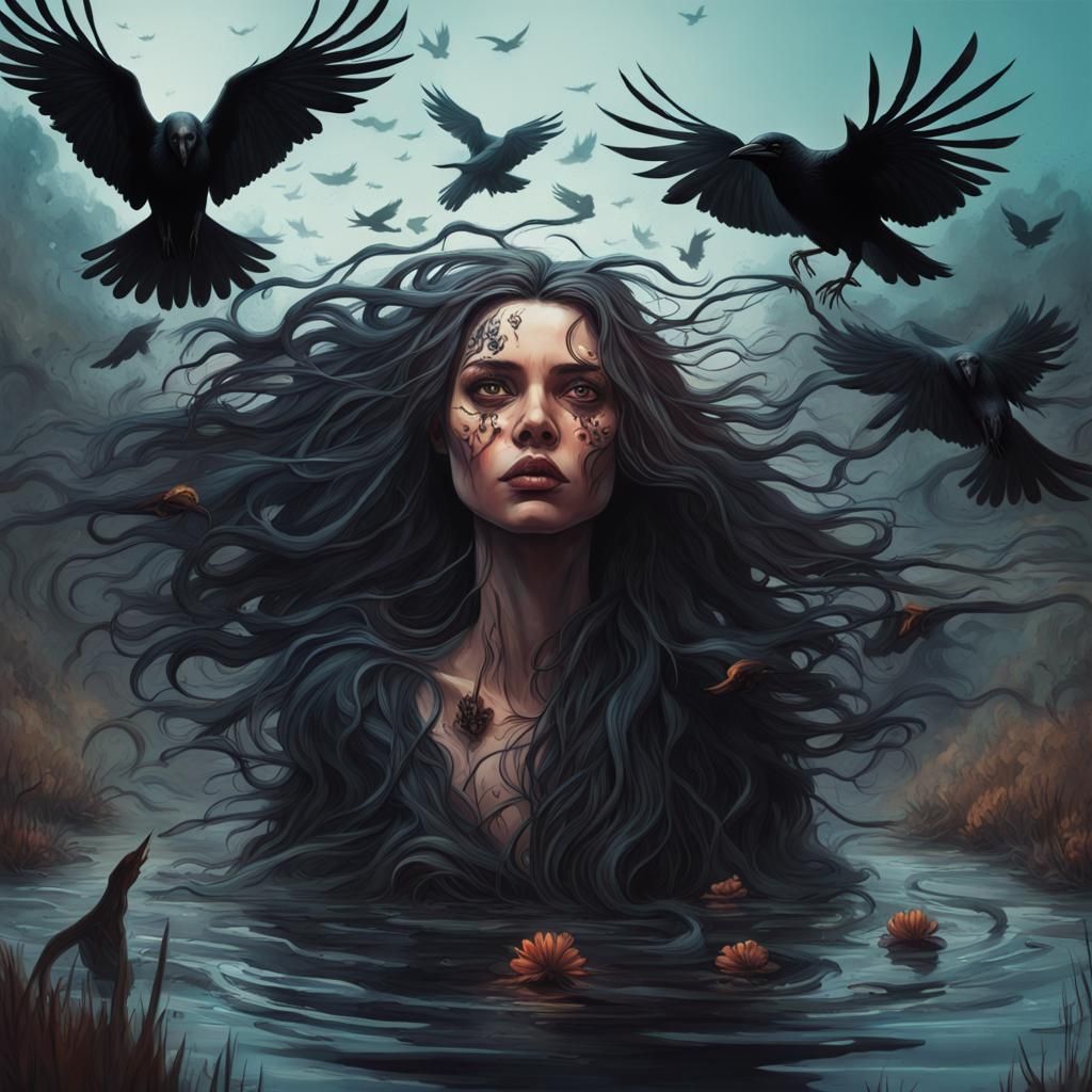 Eerie Swamp Woman with Crows: Hyperrealistic Concept Art