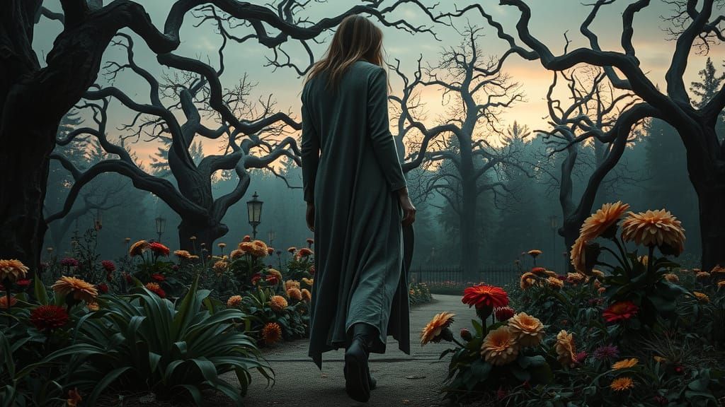Eerie Woman in Overgrown Creepy Gardens
