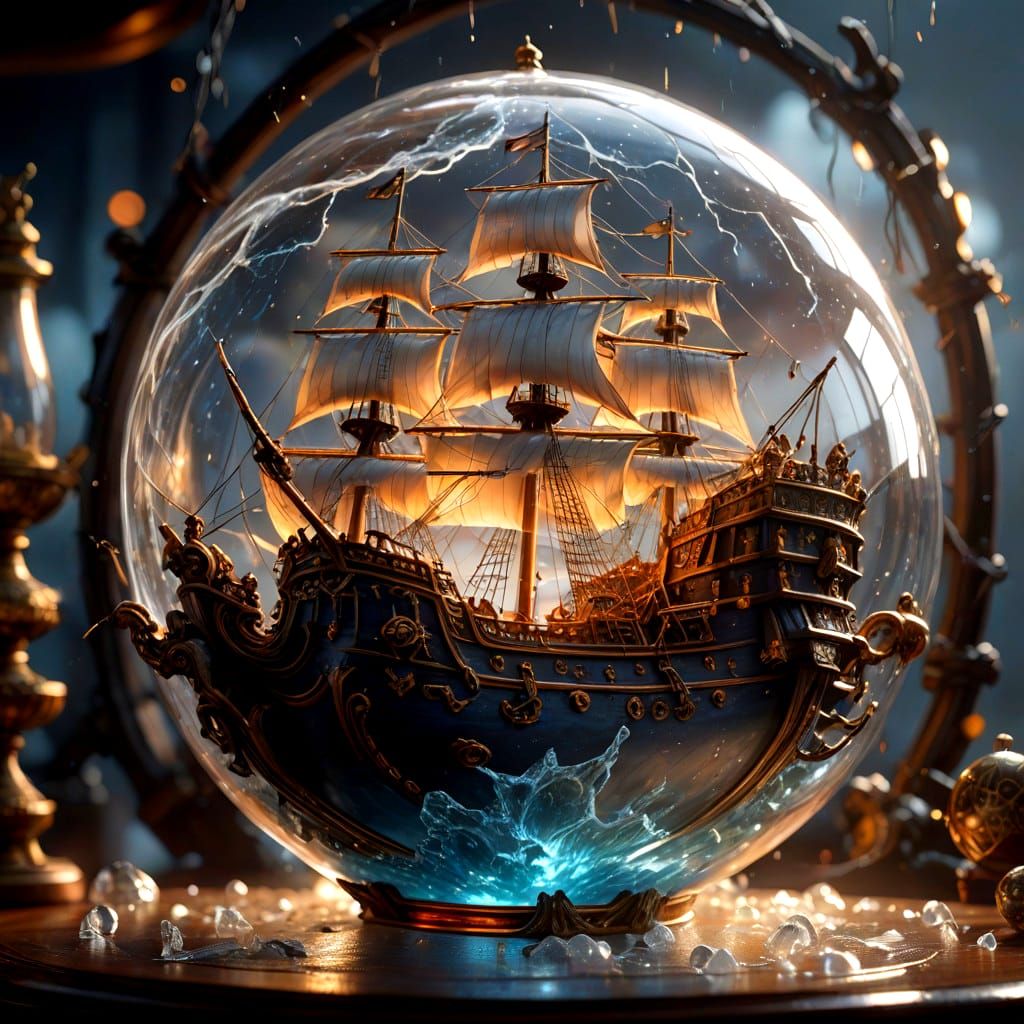 Stunning Glass Sphere Pirate Ship in a Turbulent Storm