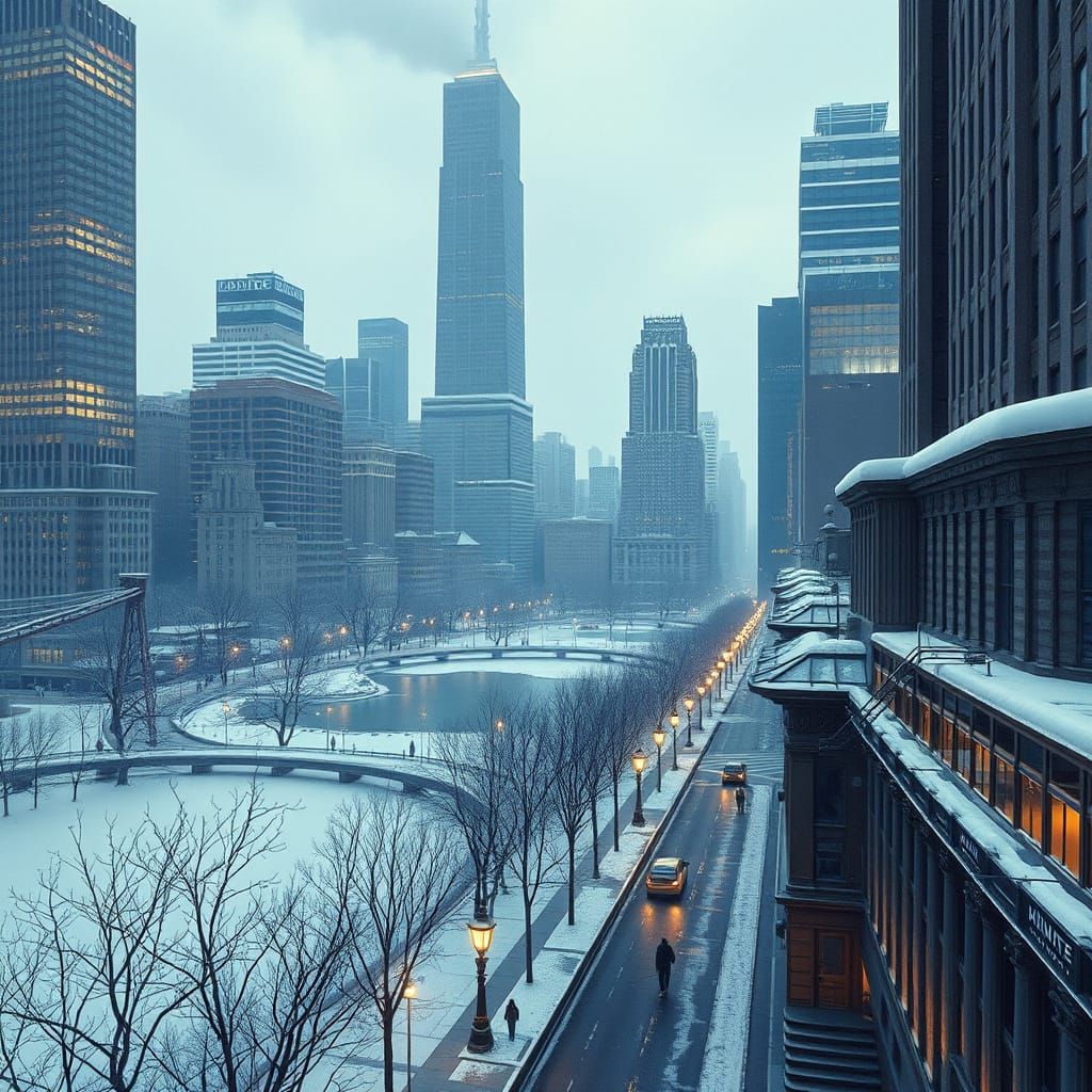 Surreal Futuristic New York City in Snowy Winter