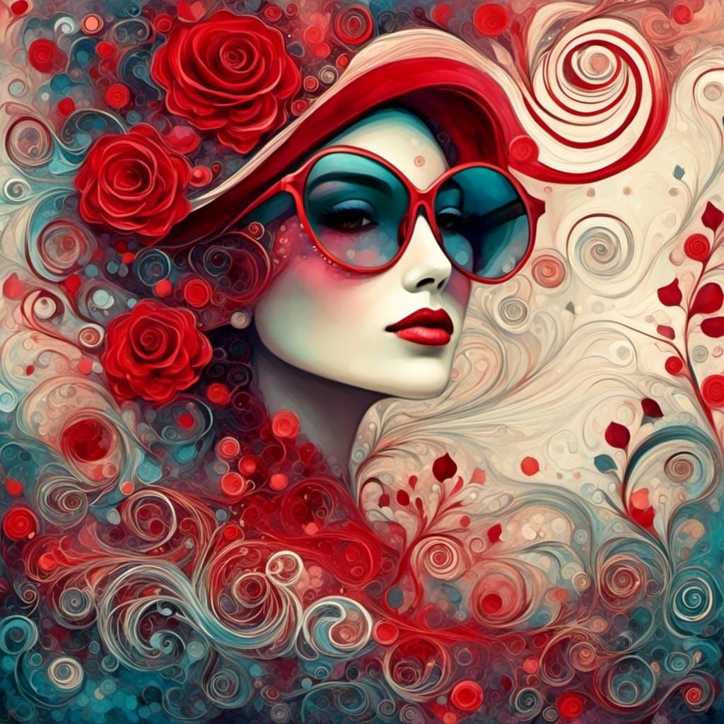 Festive Woman with Roses in Abstract Fractal Design