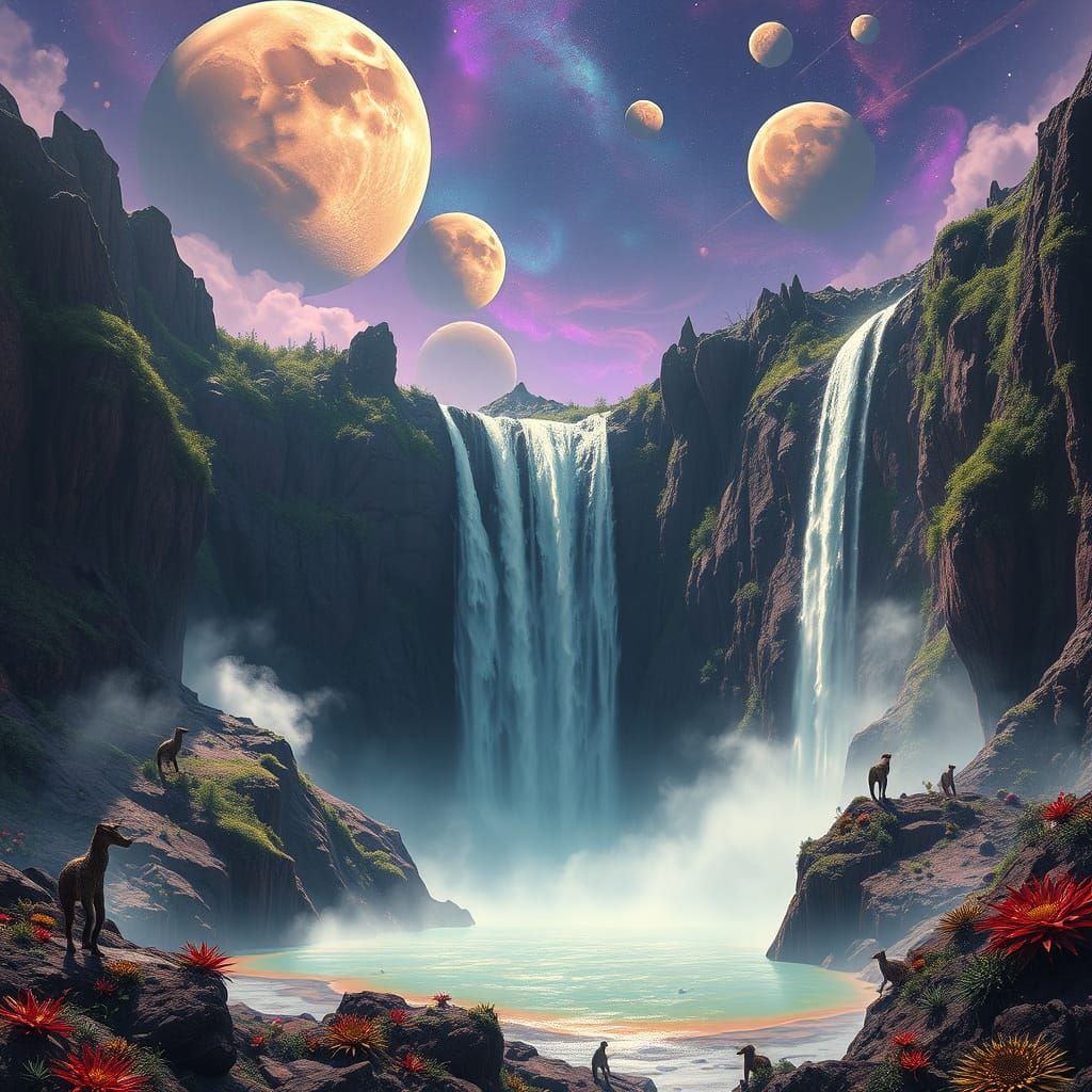 Alien World: Colossal Waterfall and Dormant Volcano