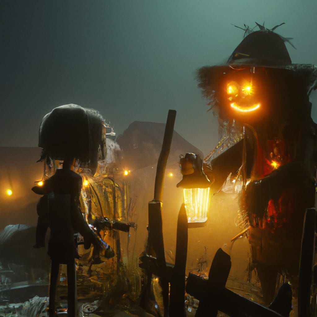 Sinister Zombie Meets Scarecrow at Night