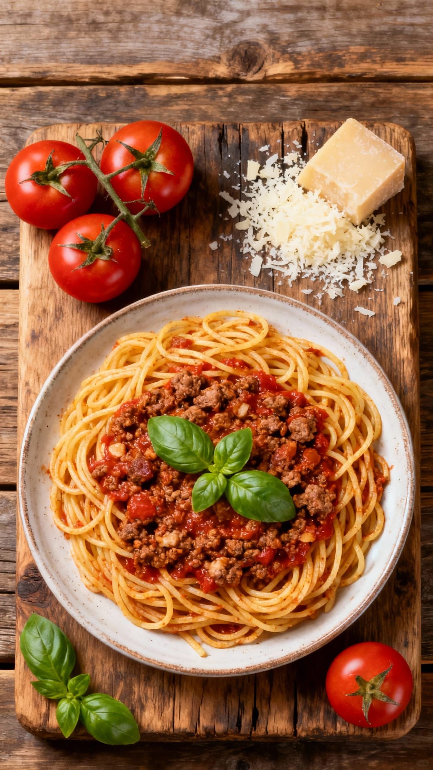 Authentic Spaghetti Bolognese on Rustic Board