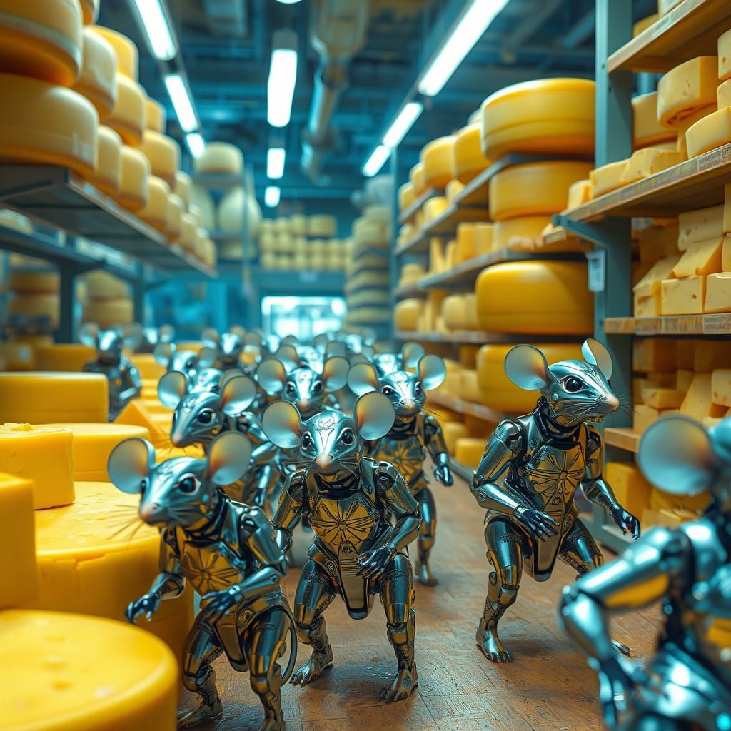 Robotic Mice Swarm Cheese Store in Futuristic Style