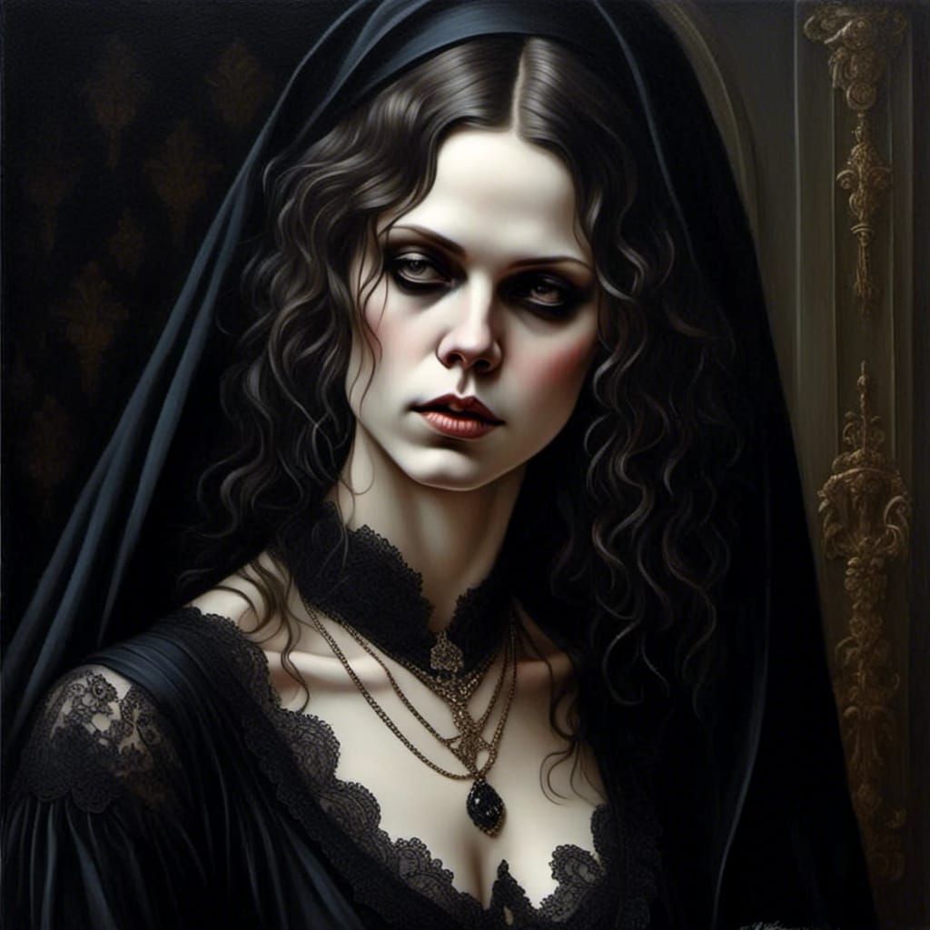 Mourning Widow in Black Lace Veil