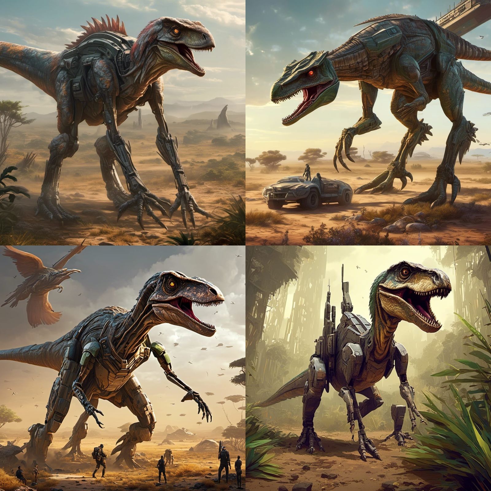 Futuristic Weaponized Velociraptor in Savanna World