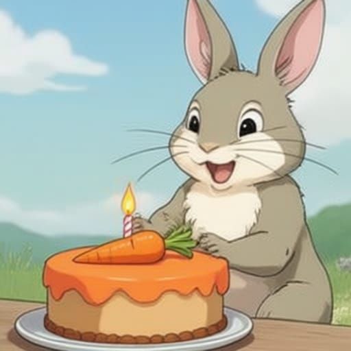 A happy, laughing bunny discovering a carrot-shaped birthday...
