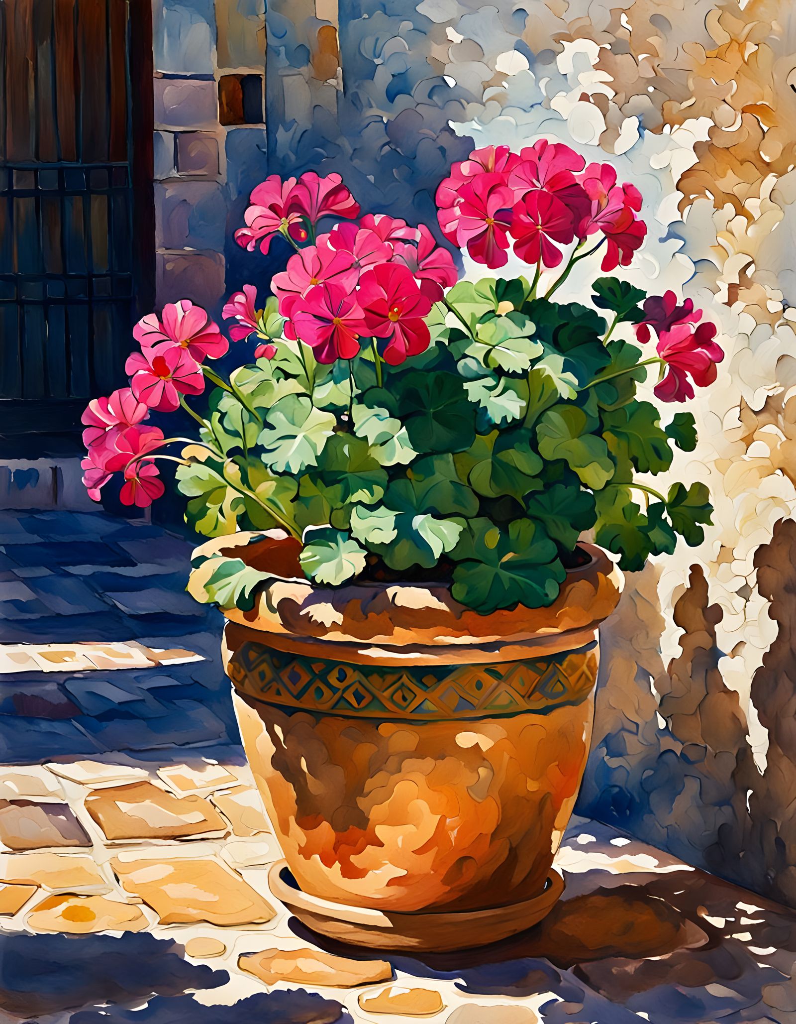 Magenta Geranium in Spanish Garden, Expressionist Watercolor