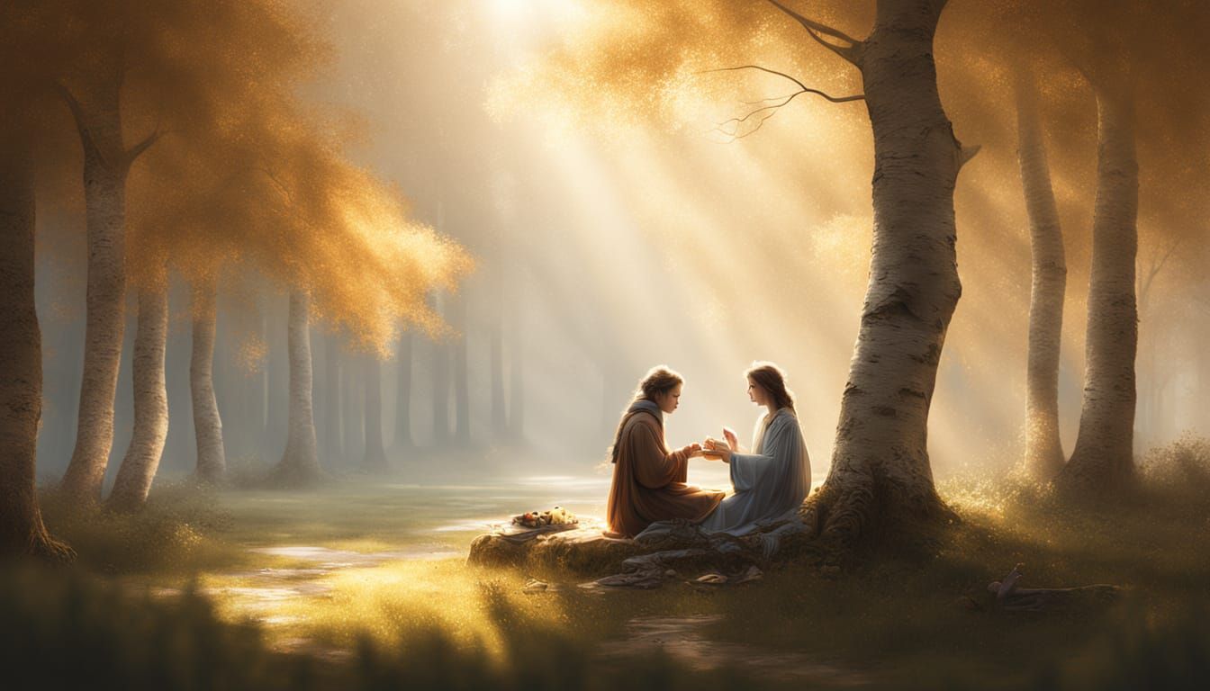 Ethereal Digital Painting of Figures Sharing Bread Under Bir...