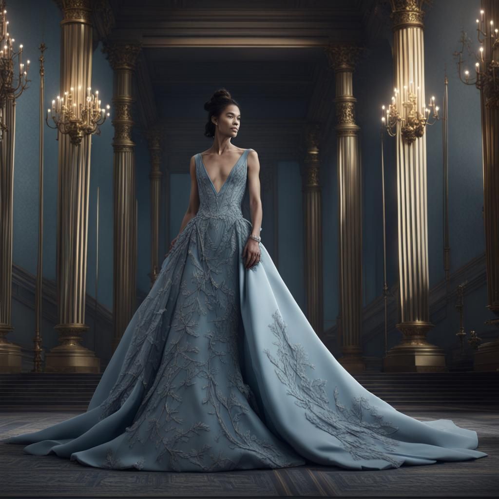 Elegant Embroidered Blue Gown: Fantasy Concept Art