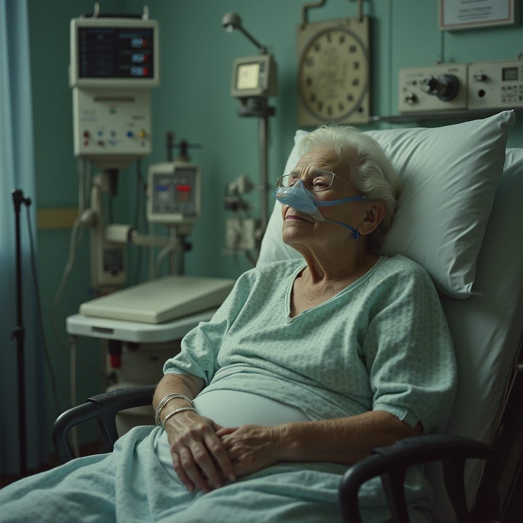 Grandmother in Hospital Gown, Serene and Somber