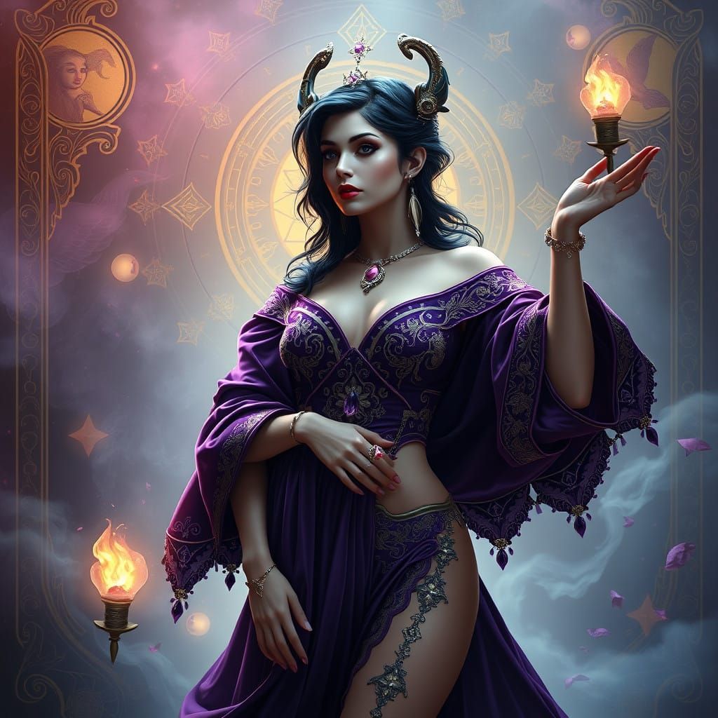 Enigmatic Virgo Witch in Lavish, Purple-Hued Attire