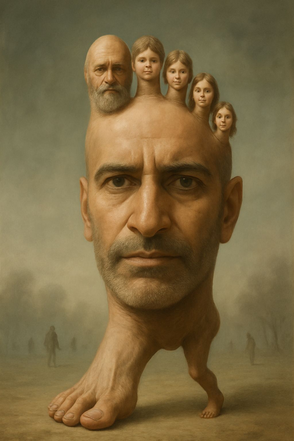 Surreal Walking Foot with Human Faces in Dreamscape