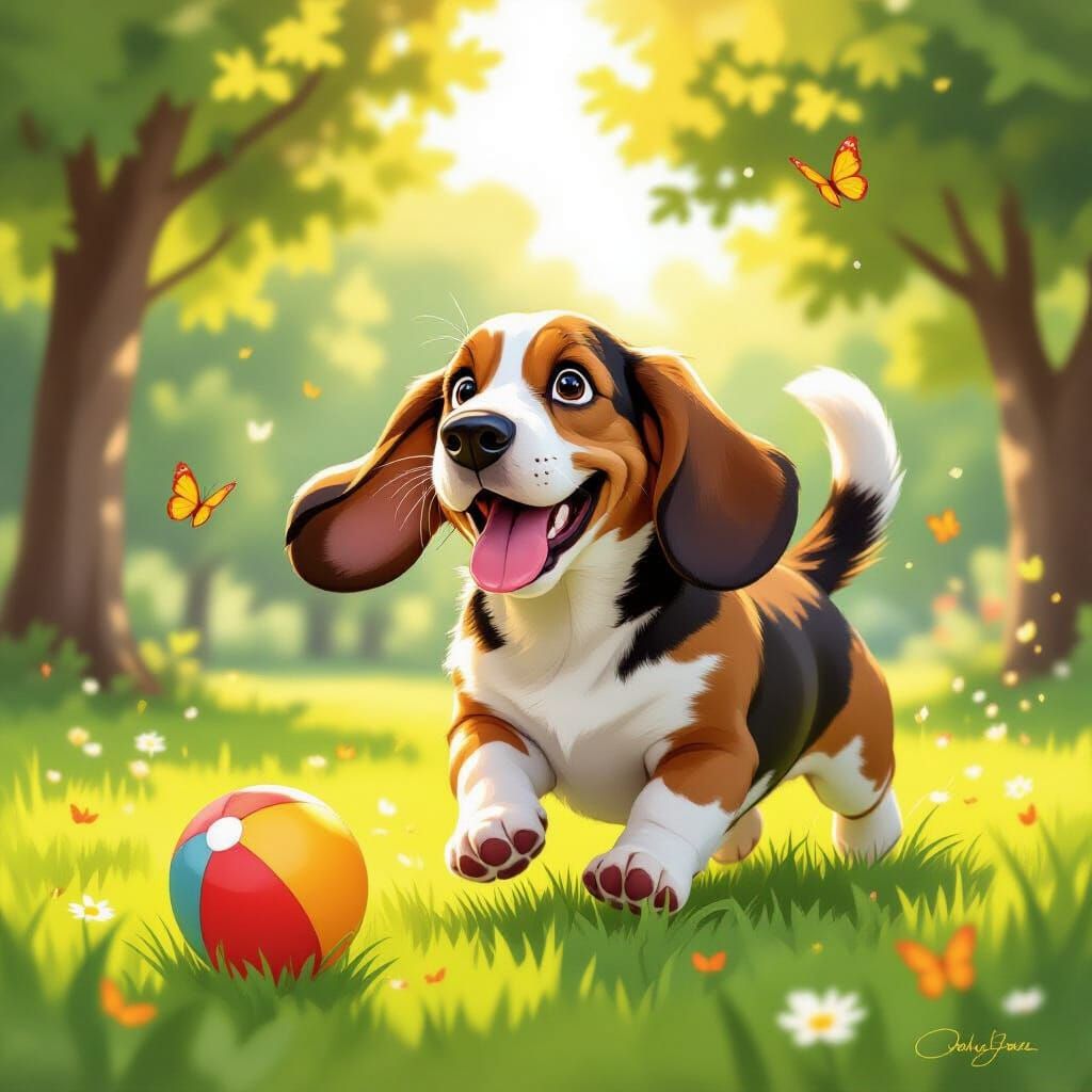Whimsical Basset Hound Chasing Ball in Sunny Park