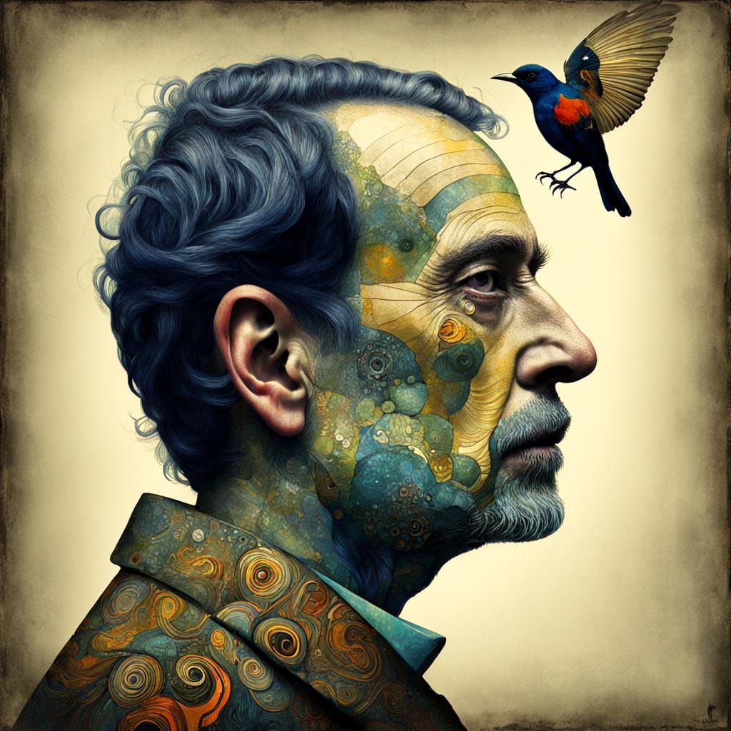 Surreal crooked portrait of human and mockinbird hybrid by G...