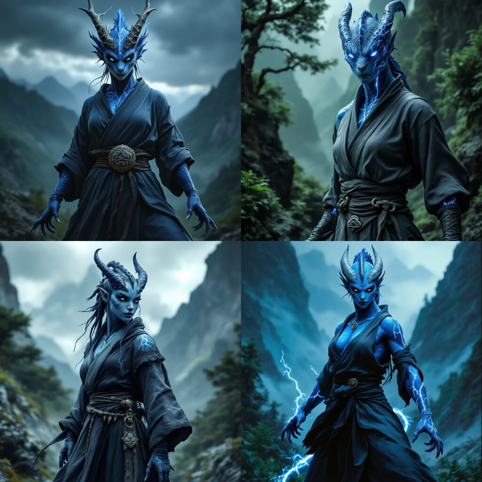 Fantastical Female Dragonborn Monk in Stormy Forest