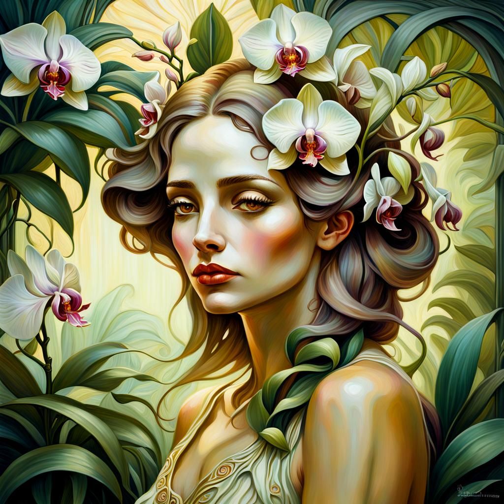 Art Nouveau Woman with Orchid in Hair
